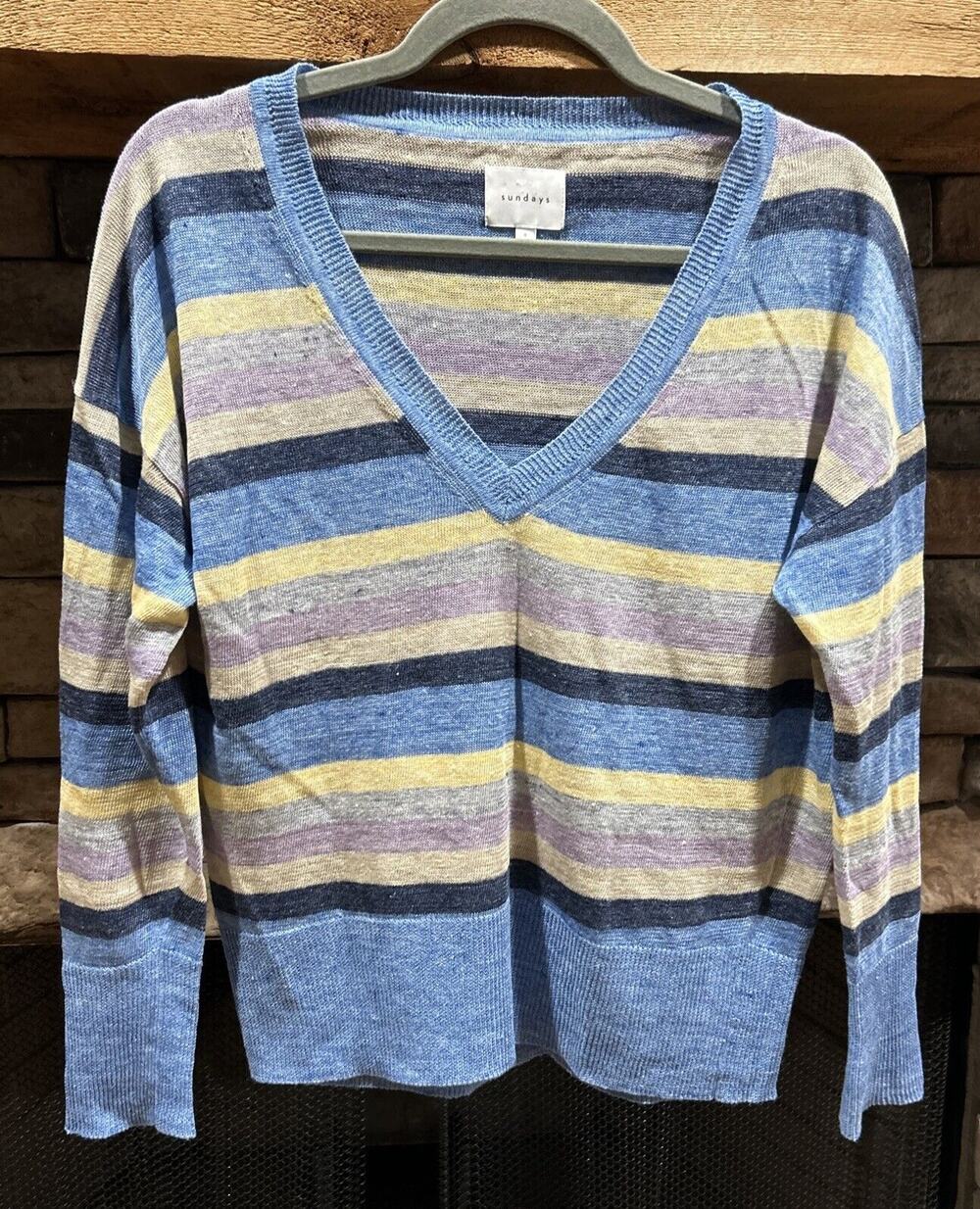 Women’s SUNDAYS Mae 100% Linen Striped V Neck Sweater Size 0 *C7